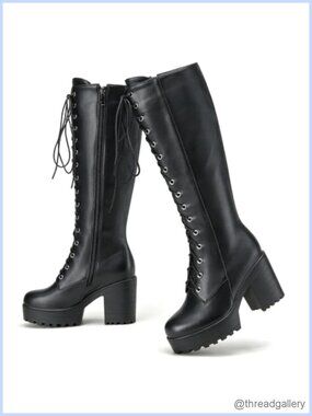 Knee High Lace Up Platform Combat Boots Chunky Heel Zip
